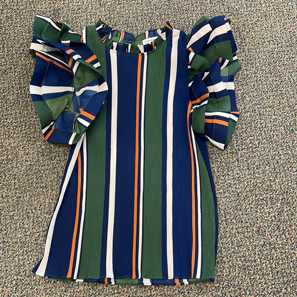 USED-Allover strip, Frill Neck Ruffle Trim Mock Neck, Butterfly Sleeve Blouse